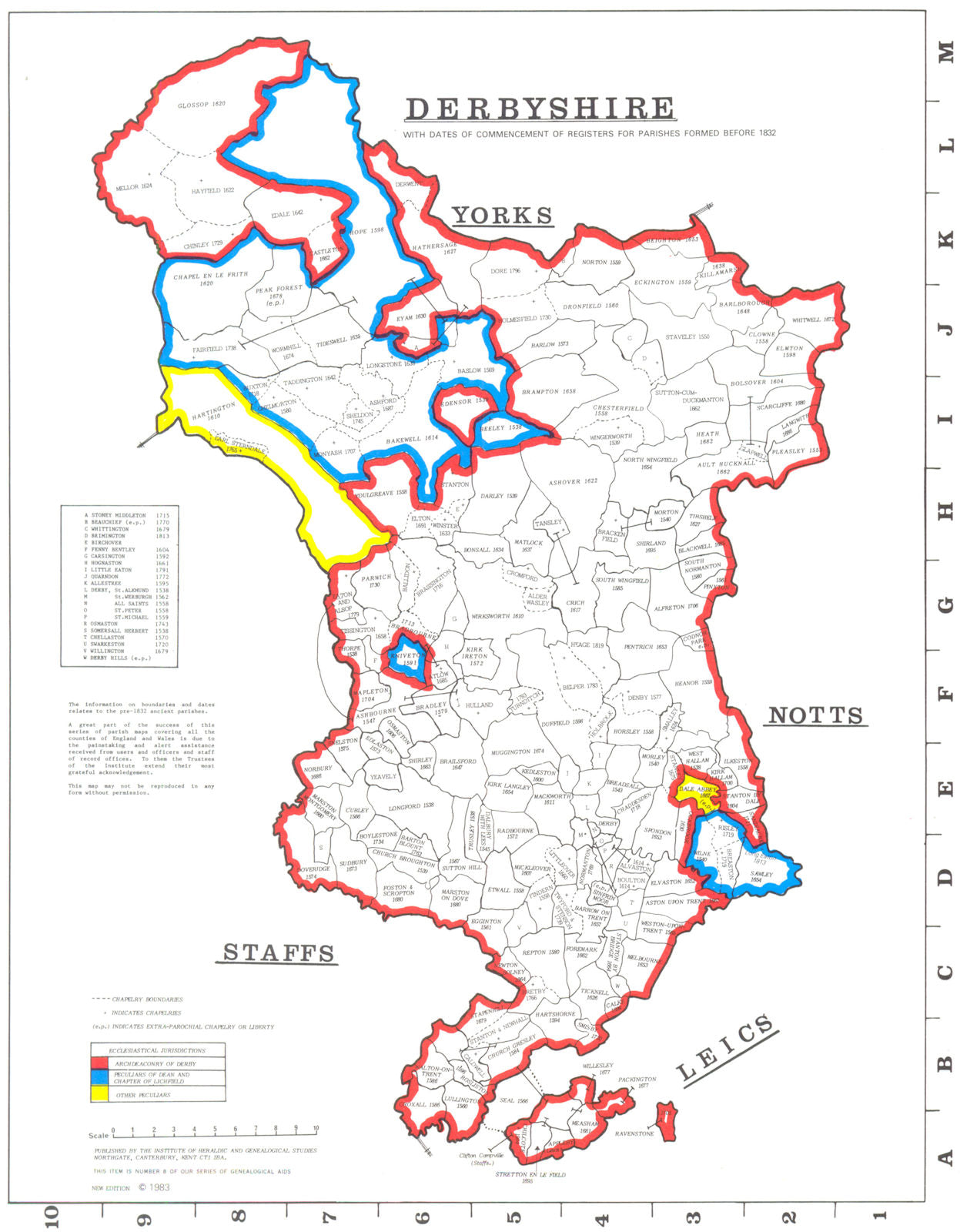 DERBYSHIRE. Parishes.Register start date. Ecclesiastical jurisdictions 1984 map